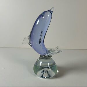 Glass Blue Dolphin Figurine, Hand Blown Nautical Paperweight Coastal Fish Decor